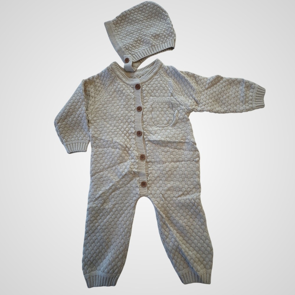 Unbranded Tan Popcorn Knit Cotton Romper and Bonnet Set Neutral Kids